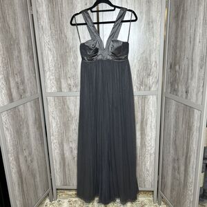 Erica Davies Formal Dress Maxi Silk Babydoll Bustier Pleated Skirt Gray Size 2